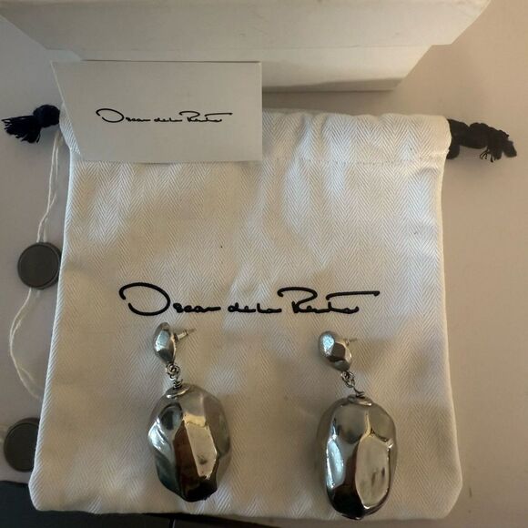 Oscar de la Renta Blue and Green Hoop Earrings with  Oscar de la Renta Silver Geometric Earrings